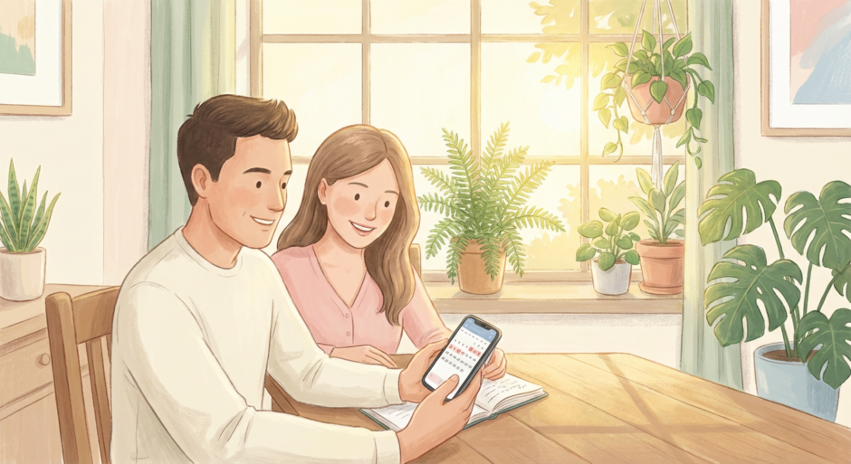 A warm and soft illustration of a couple sitting together at a wooden table, looking at a notebook and smartphone with a calendar app open, surrounded by green plants, morning sunlight coming through the window, gentle and hopeful atmosphere, pastel color palette