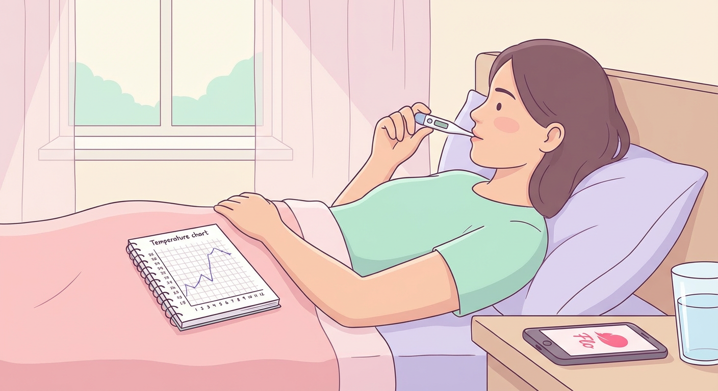 A close-up illustration of a woman measuring her basal body temperature with a digital thermometer in bed in the morning, soft morning light, a temperature chart notebook and a smartphone with a period tracking app on the bedside table, calm and focused atmosphere, pastel tones