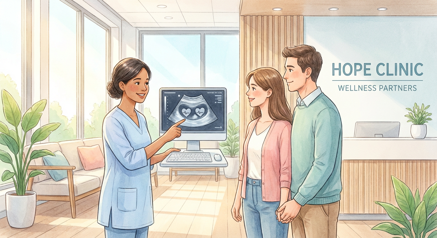 A gentle illustration of a couple consulting with a friendly female doctor in a bright and modern medical clinic, the doctor is showing them a chart or ultrasound image, warm and reassuring atmosphere, natural light, soft colors, hopeful mood