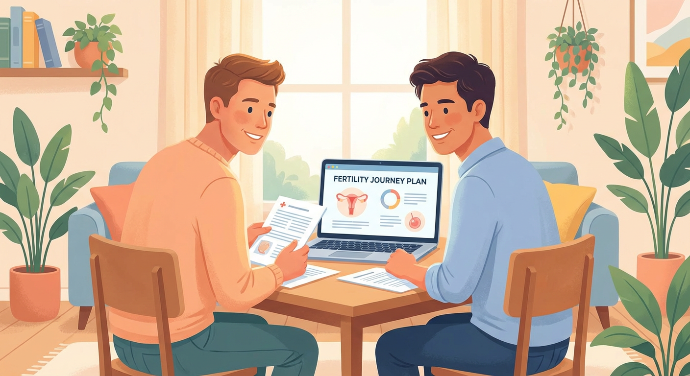 A bright and modern illustration of a couple reviewing medical documents and a laptop showing fertility treatment information at home, both looking calm and determined, warm home setting, supportive and hopeful atmosphere, soft lighting, illustrated style